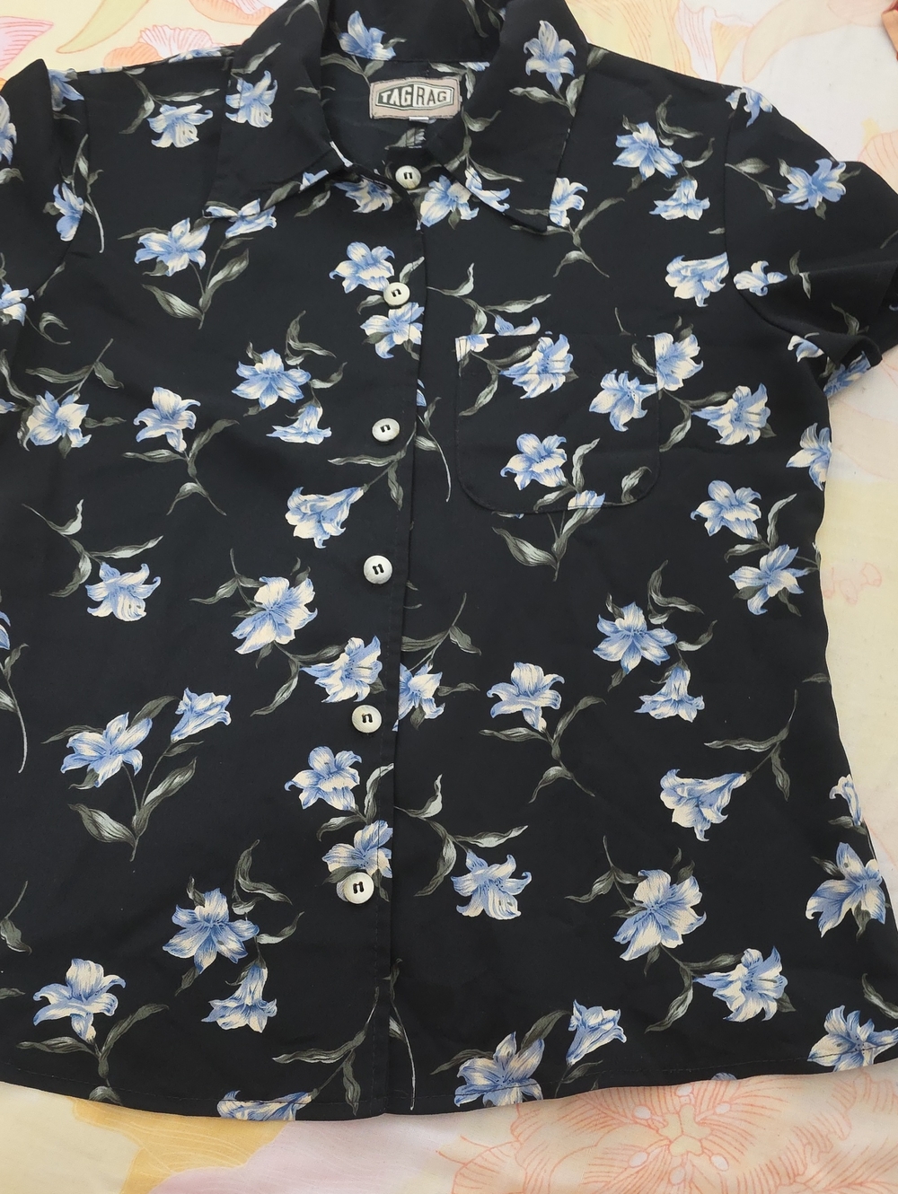 Women's Black Floral Button-Up Shirt with Blue Flowers